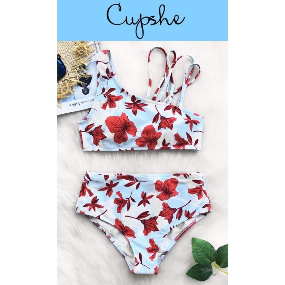 Cupshe Womens Red Floral Blue One Shoulder High Waisted Bikini Set Size XL NWT